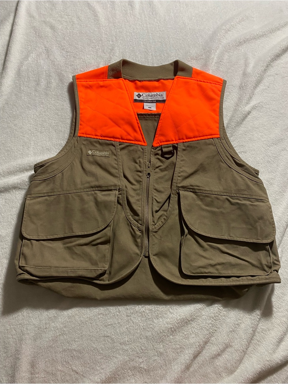 Columbia Olive Green hunting Vest with Blaze Orange Yoke